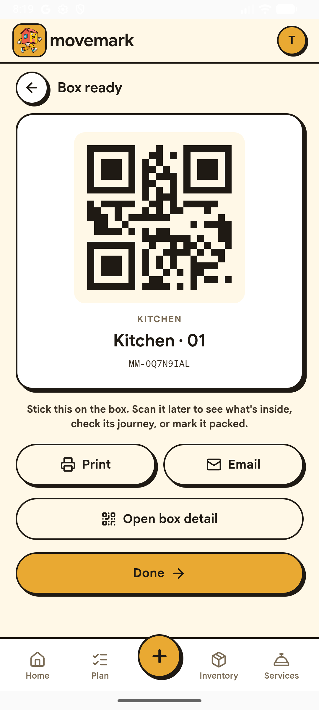 Movemark box QR label with a short code, ready to print or email.